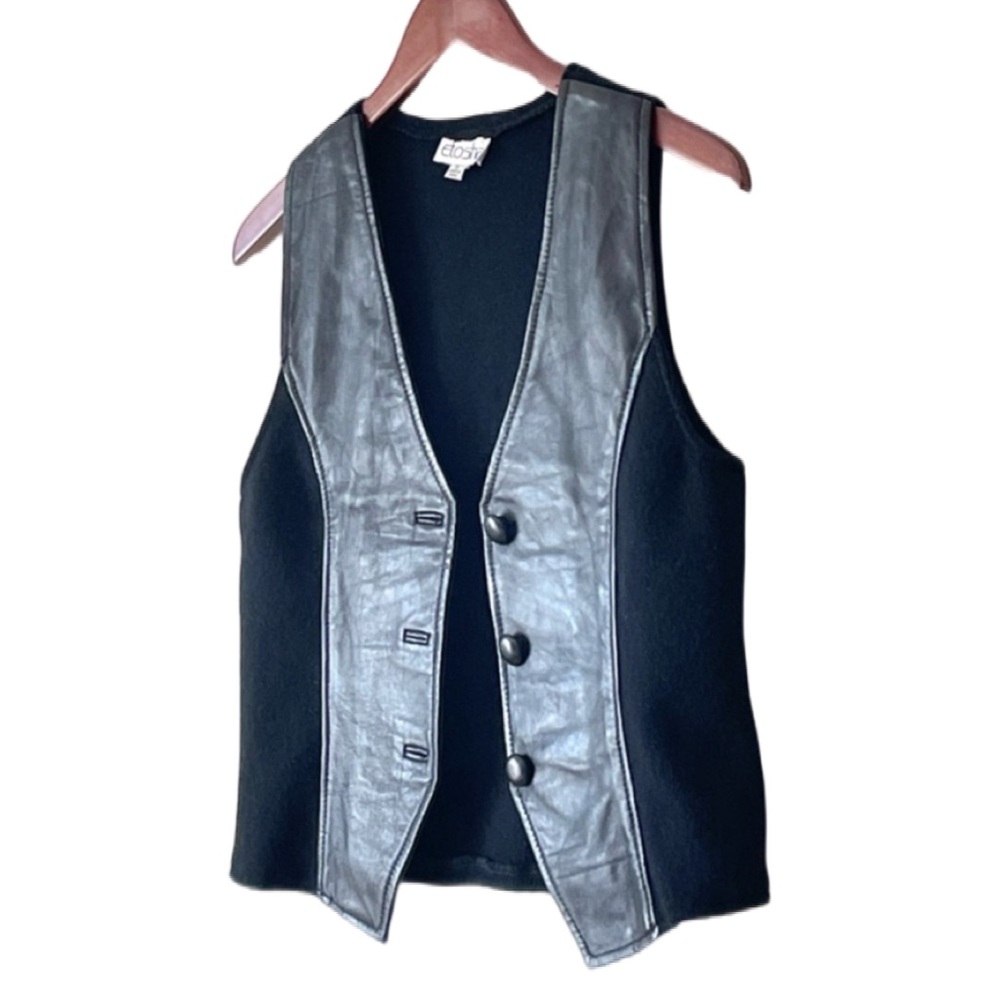Vintage Etosha Women’s Leather Wool Spandex Knit Black Button Down Vest Size S - Picture 2 of 7